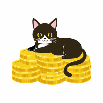 Black cat resting on stacks of gold coins