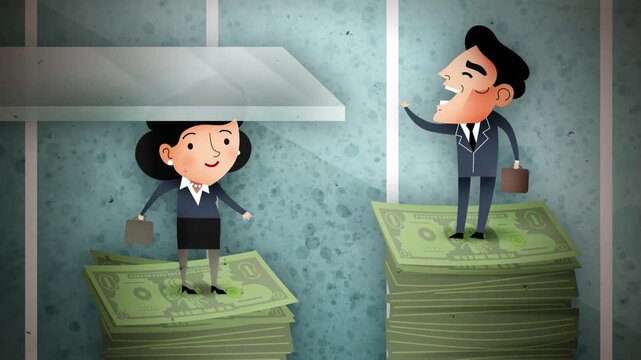 corporate man and woman climbing salary while woman hits the glass ceiling