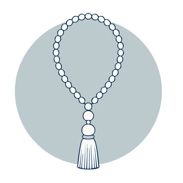 Line art of prayer beads with tassel on gray background
