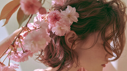 Naklejka premium Close-up portrait of woman with natural makeup and pink cherry blossoms