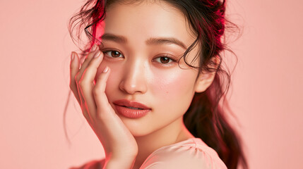 Fototapeta premium Close-up Portrait of Young Asian Woman with Natural Makeup on Pink Background