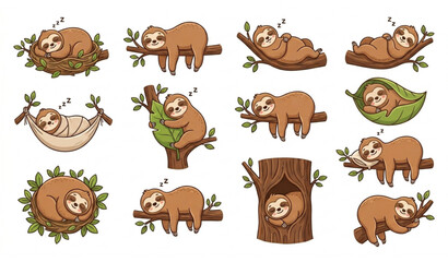 Fototapeta premium Cute Lazy Sleeping Sloth Cartoon Vector Set with Adorable Resting Animal Icons