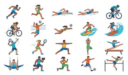 Fototapeta premium Summer Sports People Activity Vector Icon Set with Men and Women Exercising Collection