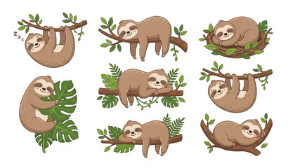Fototapeta premium Adorable Sleeping Sloth Character Collection with Lazy Jungle Cartoon Vector Set