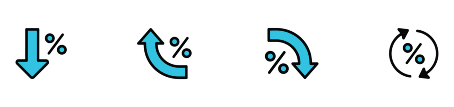 Arrows and Percentage Symbols Set: A collection of four modern, stylized vector graphic icons depicting arrows and percentage symbols, representing concepts like increase, decrease, fluctuation.