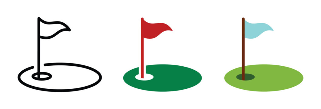 Golf Hole Icons: A trio of golf hole illustrations showcasing a flag, flagstick, and a putting green in distinct styles, from minimalist outline to vibrant color.