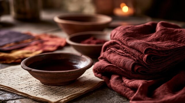 Artisan dye studio medium shot highlighting rich burgundy linen fabric with madder root dye clay bowls and handwritten textile samples blurred in warm ambient light.