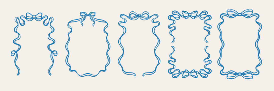 Elegant hand drawn bow frames and ribbon borders. Vintage labels with flowing lines and cute bow. Vector illustration.