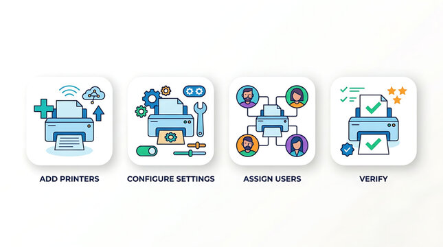 Set of Flat Vector Icons Representing Printer Installation, Network Configuration, and User Management Workflow