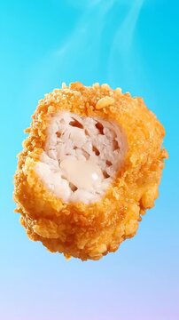 Golden breadcrumb coated fried food item with visible filling suspended midair