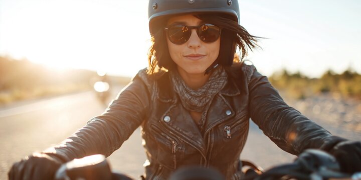 Photo of female biker riding motorcycle on Highway
