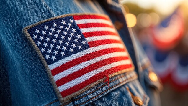 Detailed shot of an american flag patch stitched onto a casual denim jacket, representing patriotism, pride, and personal style for lifestyle, fashion, and social-themed stock photography projects