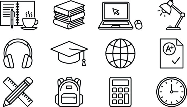 Set of education and school supply icons in linear style.