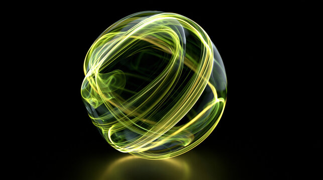 Glowing green abstract light trails forming spherical shape on black background
