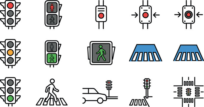 Set of pedestrian traffic signal icons for urban road safety.