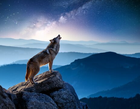 lone wolf howling on rocky cliff under dramatic blue night sky with mountains