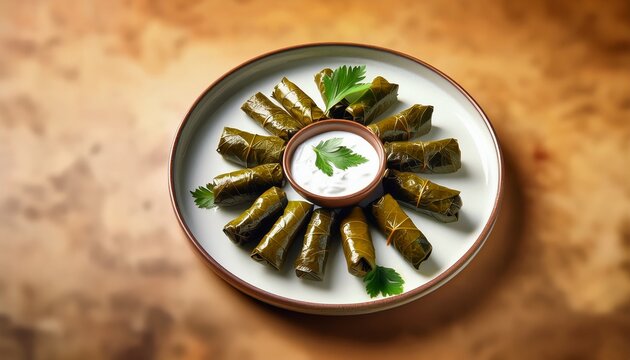 traditional stuffed grape leaves dolma served on plate with creamy sauce