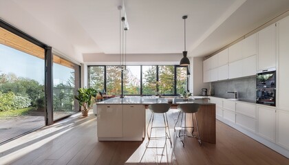 Fototapeta premium bright modern kitchen interior with island counter and large windows