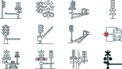 Set of railroad crossing signals and train warning signs icons. © melda