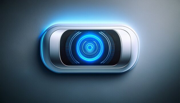 modern smart thermostat device mounted on wall with glowing blue circular light