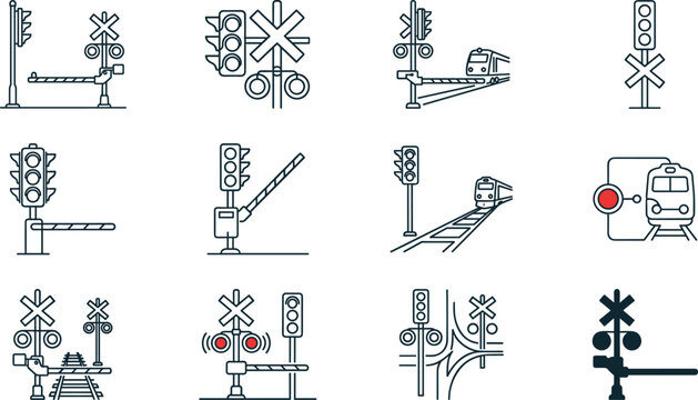 Set of railroad crossing signals and train warning signs icons.