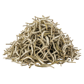 a photorealistic macro shot of premium bai hao yin zhen white tea leaves, showing delicate silver tips and volume against a transparent background. concept of premium quality and purity