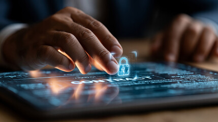 Naklejka premium Close-up of Hands Securing Digital Data with Holographic Lock Interface