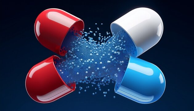 open red and white capsule releasing glossy blue spherical particles 3d render