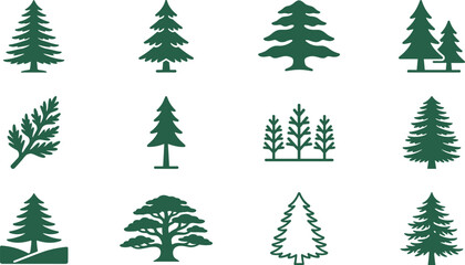 Set of green evergreen conifer tree icons for forestry and nature design. © gunko