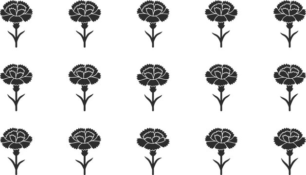 Black and white floral pattern with repeating carnation flower icons.