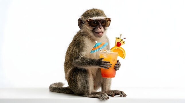 Funny monkey wearing sunglasses holding a tropical cocktail with umbrella orange slice pineapple and cherry on white background