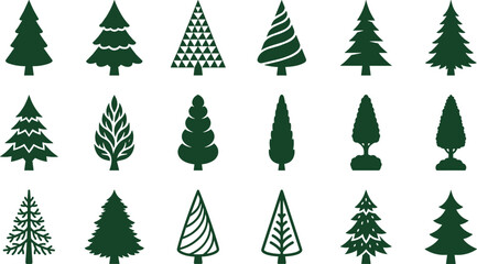 Set of diverse green pine and coniferous tree icons. © gunko