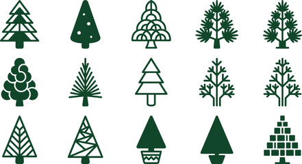 Set of diverse flat green coniferous tree icons. © gunko