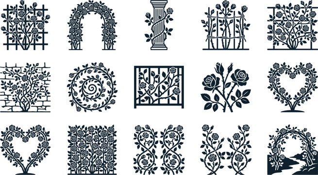 Set of floral decorative elements with climbing roses and garden structures.