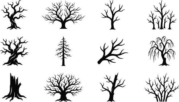 Set of silhouettes of dead trees and leafless branches for seasonal designs.