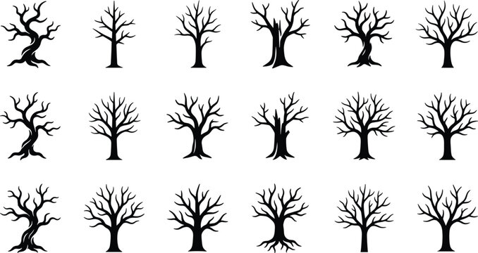 Set of eighteen black silhouettes of leafless dead trees on white background.