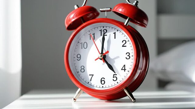 Red classic alarm clock ticking and ringing at 5 o'clock in the morning on a bright white surface