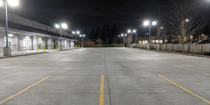 mall parking lot filled with parking spaces in asphalt
