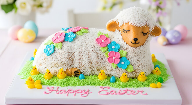 Decorated Easter lamb cake with frosting flowers and candy chicks. Traditional sweet baked dessert on green icing grass