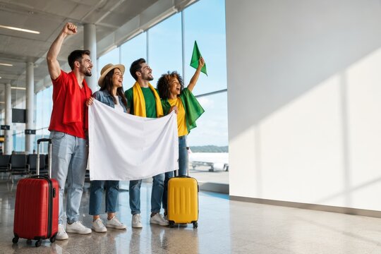 Soccer fans in airport departure lounge with blank flags