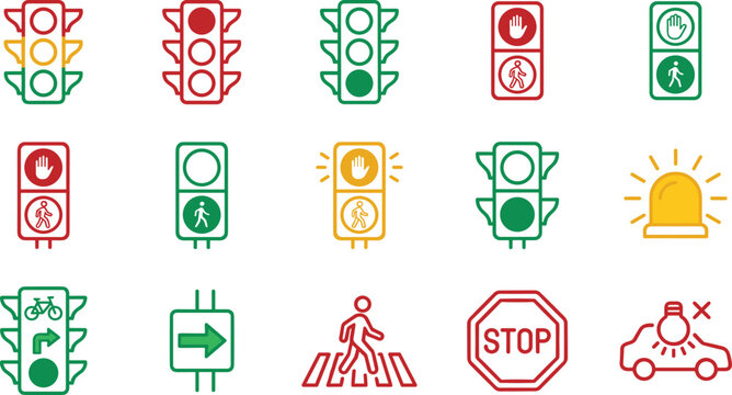 Collection of Traffic Signal and Road Safety Icon Set.