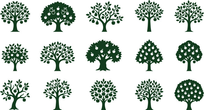 Collection of various stylized green fruit trees set.