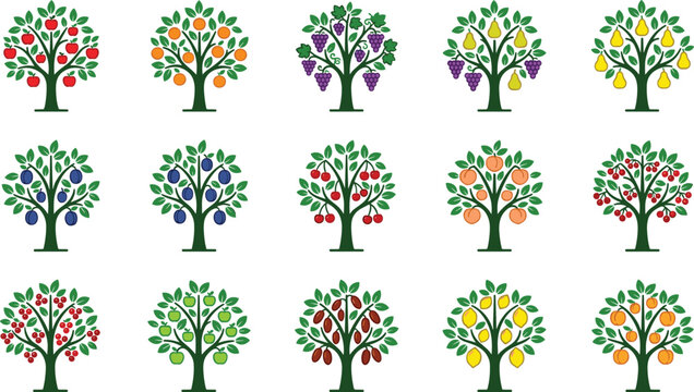 Collection of various fruit trees icons set with different fruits.
