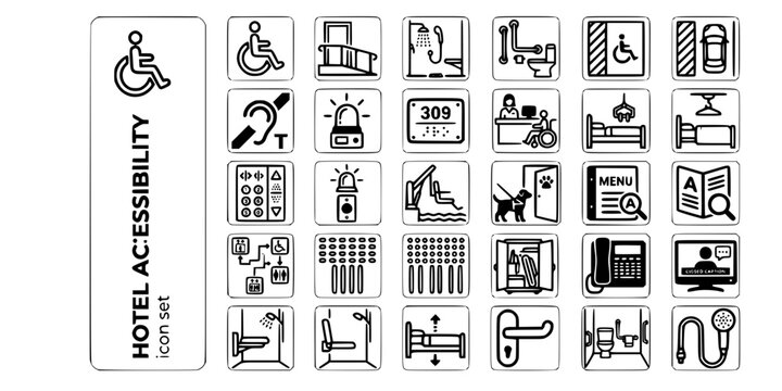 Hotel Accessibility Inclusive Services Bold Line Icons-Wheelchair Ramp Roll-In Shower Grab Rail Hearing Loop Braille Lowered Counter-25 Accessibility Icon Set Vector