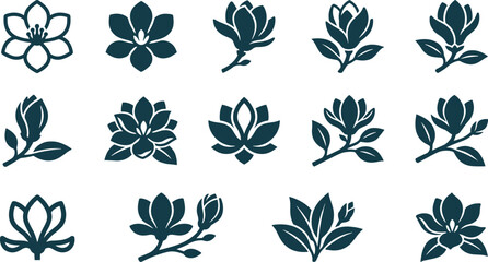 Set of Magnolia Flower Icons and Botanical Elements. © gunko