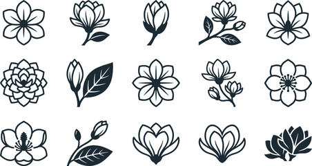 Set of hand drawn magnolia flower icons. © gunko