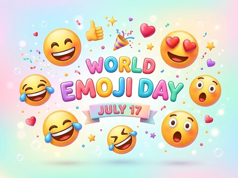 Vibrant world emoji day celebration with colorful emojis and confetti