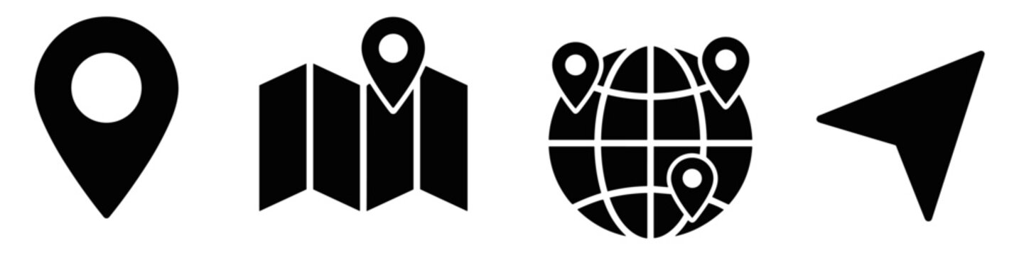 Set of black location and navigation icons including map pin, folded map with pin, globe with location markers, and navigation arrow on transparent background