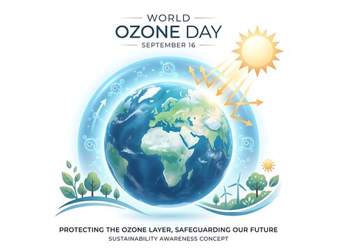 World ozone day poster with earth and sun isolated on white background