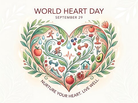 World heart day illustration with heart shape and healthy lifestyle icons